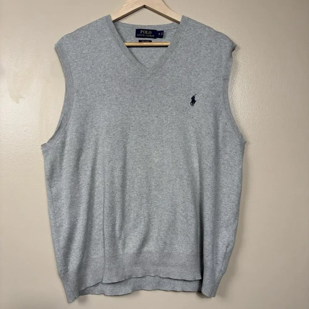 Polo Ralph Laure Mens XL Gray Pima Cotton Sweater Vest V-Neck Classic Preppy